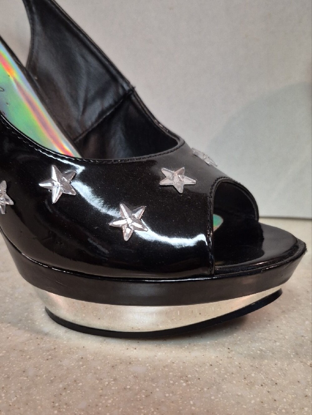Ellie Skylar Star Platform Sandals Black Patent Holographic Peep Toe Size 8 - Picture 6 of 16